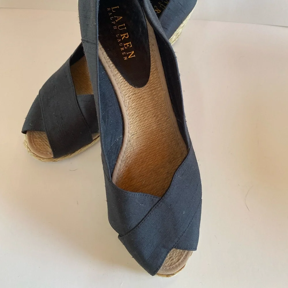 NWT Lauren Ralph Lauren - Black 'Cecilia' Shantung Silk Espadrille Wedge 10B